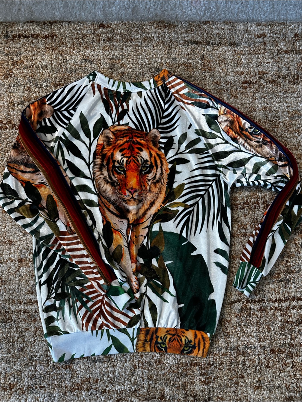 Rare Aviator Nation Velour Tiger Print Athletic Sweater — Green, White - Picture 4 of 4